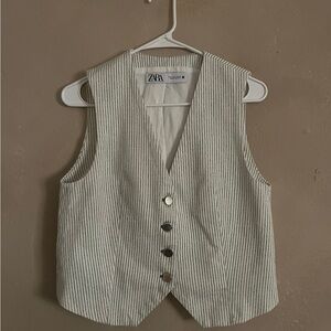 Zara Cream and Gray Striped Buttoned Vest
